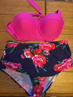 Hot Pink Bandeau Bikini Top with Floral High-Waist Bottoms